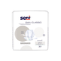 The San Seni Classic Plus incontinence pad from TZMO Deutschland GmbH is delivered in a pack of 30 pieces, the packaging is predominantly white and features blue and gray text as well as an illustration of the pad for bladder weakness care.