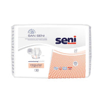 Un paquete Seni Compresas para la incontinencia San Regular | Envase (30 unidades) para incontinencia urinaria moderada. En la parte delantera figuran el logotipo de TZMO Deutschland GmbH, el nombre del producto y la talla (Regular). Además, se pueden ver símbolos que representan características como Air Comfort, protección lateral y núcleo absorbente. El envase contiene 30 compresas para el tratamiento de la incontinencia.