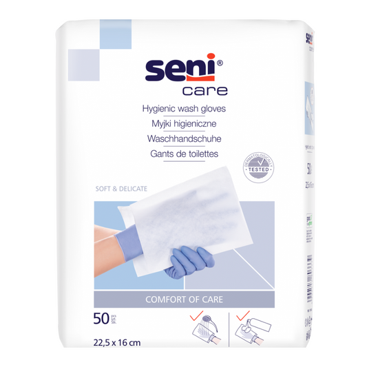 Seni Care Washing handskar, olycklig | Pack (50 stycken)