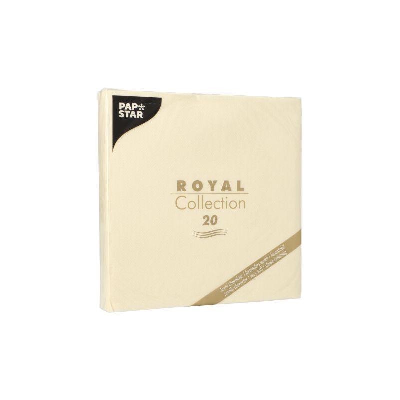 PAPSTAR serviettpakke "ROYAL Collection" fra PAPSTAR GmbH, bestående av 20 servietter i utsøkt design. Den kremfargede emballasjen med gyllen og svart tekst gir ethvert dekket bord en elegant touch.