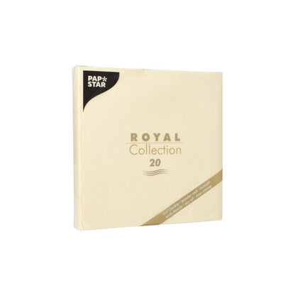PAPSTAR serviettpakke "ROYAL Collection" fra PAPSTAR GmbH, bestående av 20 servietter i utsøkt design. Den kremfargede emballasjen med gyllen og svart tekst gir ethvert dekket bord en elegant touch.