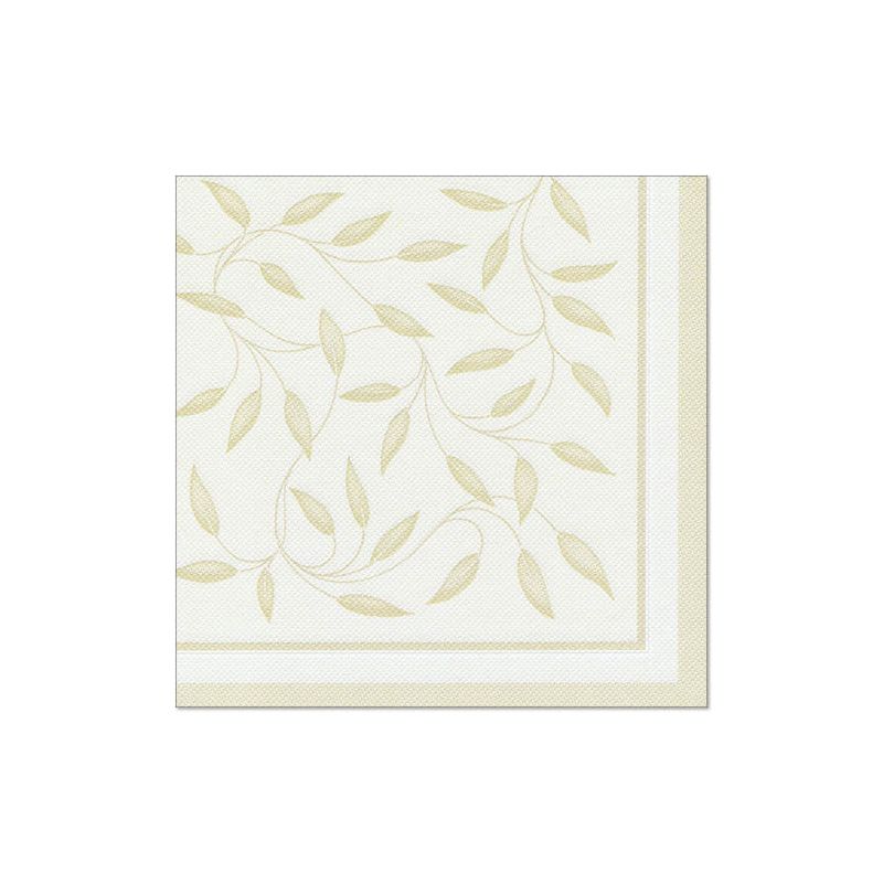 PAPSTAR serviettene "ROYAL Collection" fra PAPSTAR GmbH i formatet 40 cm x 40 cm med 1/4 fold har en lysegrønn kant med delikate beige blader og ranker på kremfarget bakgrunn og kompletterer borddekorasjonen perfekt.