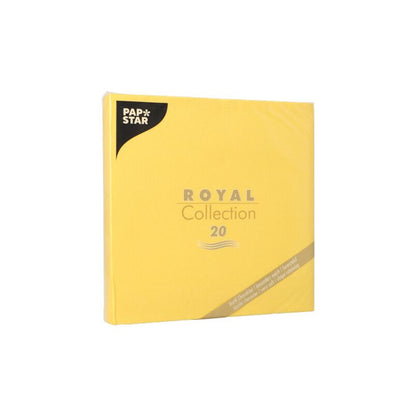 Bilde av en gul pakke med påskriften "ROYAL Collection 20" og PAPSTAR-logoen i øvre venstre hjørne. Pakken inneholder 20 papirservietter, ideell for en elegant borddekorasjon.