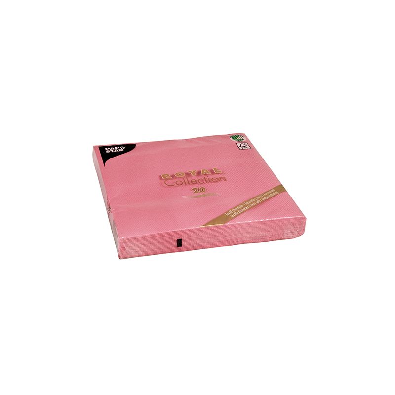 En pakke PAPSTAR servietter 1/4-fals 40 cm x 40 cm fra "ROYAL Collection" av PAPSTAR GmbH gir borddekorasjonen din en elegant touch. Emballasjen fremhever at disse rosa serviettene er dobbeltlags og miljøvennlige, og tilbyr både eleganse og bærekraft for borddekorasjonen din.