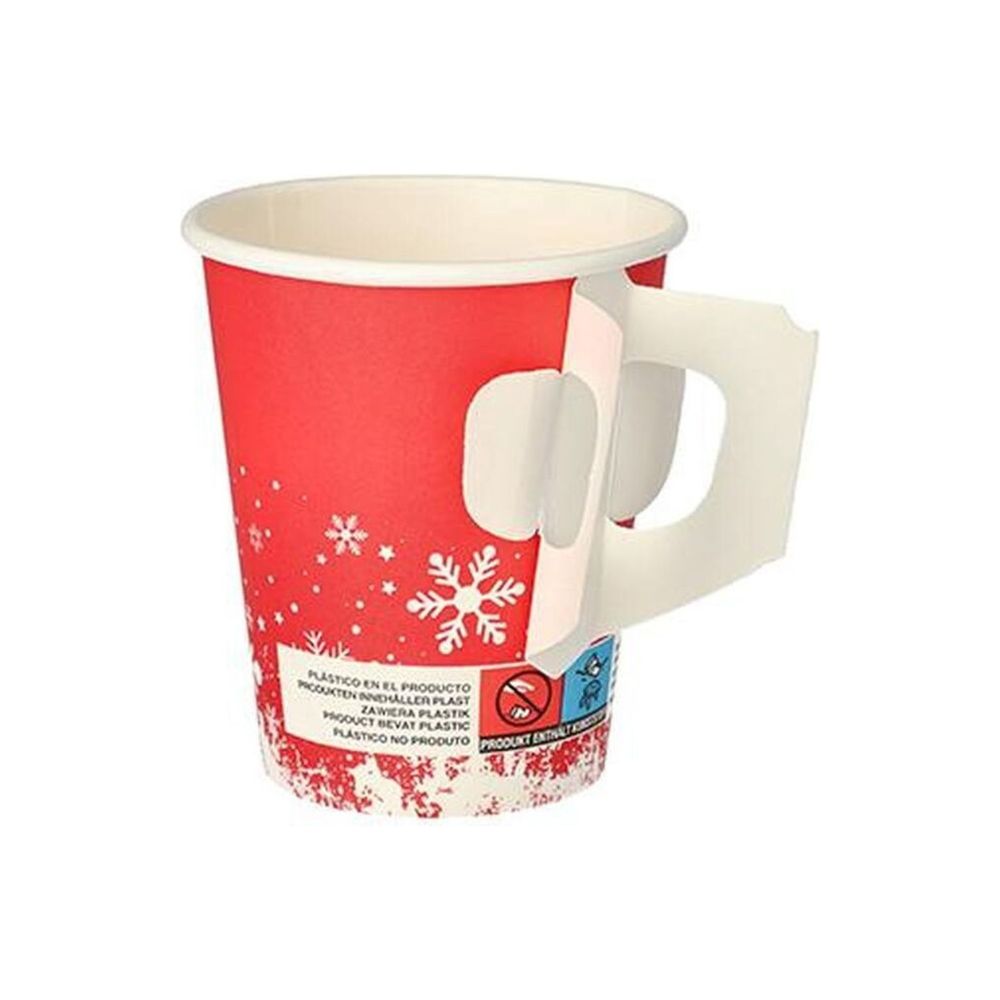 Das Starpak 50 Trinkbecher mit Henkel „Winter Time“ Paket enthält rote Pappbecher mit weißem Schneeflocken-Design und Kartonhüllen für einfache Handhabung, ideal für heiße Getränke. Das Winterdesign zeigt schneeähnliche Elemente, perfekt vor einem schlichten Hintergrund.