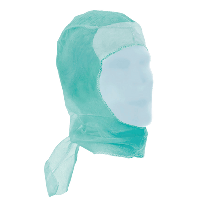 A teal-colored Meditrade Suavel® Apollo surgical cap made of polypropylene nonwoven fabric by Meditrade GmbH covers a simple astronaut head. Visible seams and ties at the back, presented against a white background. The package contains 100 pieces.