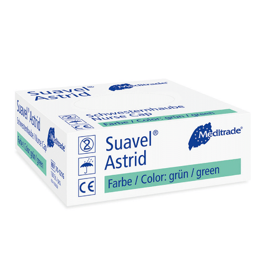 Una caja de guantes quirúrgicos Meditrade Suavel® Astrid de Meditrade GmbH. El embalaje es principalmente blanco y azul, aunque el texto indica que el color de los guantes es verde. Los símbolos indican que los guantes son de un solo uso.