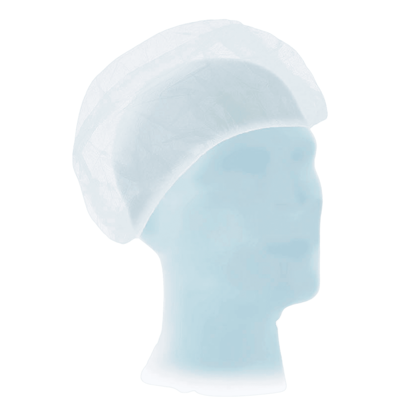 A transparent mannequin head with a white, disposable Meditrade Suavel® Astrid nurse cap XL made of polypropylene nonwoven fabric against a green background.