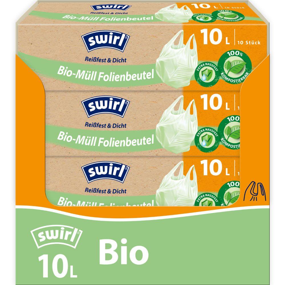 Eine Rolle Swirl Bio-Müll Folienbeutel mit Tragegriff (10 x 10L) von Melitta Europa GmbH & Co. KG, reißfest & dicht, mit umweltfreundlicher grüner und oranger Verpackung mit Symbolen und einer biologisch abbaubaren Beutelillustration.