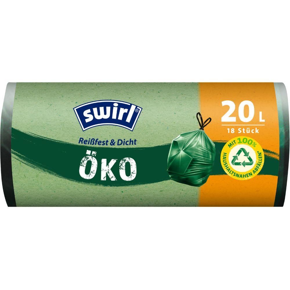 A roll of Swirl eco garbage bags with drawstring 20l tear-resistant & leak-proof from Melitta Europa GmbH & Co. KG contains 18 environmentally friendly garbage bags in green and orange packaging with recycling symbol, made from recycled plastic.