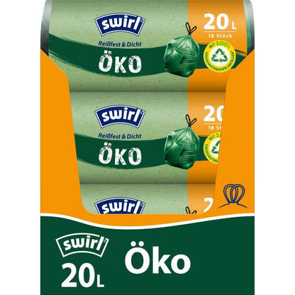 A roll of Swirl eco garbage bags with drawstring 20 l from Melitta Europa GmbH & Co. KG contains 18 tear-resistant, leak-proof bags with drawstring closure and environmentally friendly properties, made from recycled plastic and marked with a green seal.