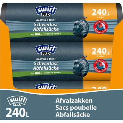 Zwei Rollen Swirl Schwerlast-Säcke Profi mit Zugband 240 l (5 Beutel, reißfest & dicht) von Melitta Europa GmbH & Co. KG, in oranger und blauer Verpackung mit mehrsprachigen Etiketten und recyceltem Plastik.