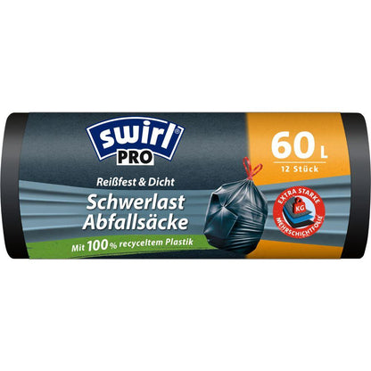 De Swirl tungsekkene Profi med snor 60 l Rivesterk & Tett fra Melitta Europa GmbH & Co. KG leveres på en rull med 12 ekstra rivesterke sekker, i en svart-gul emballasje laget av 100 % resirkulert plast.