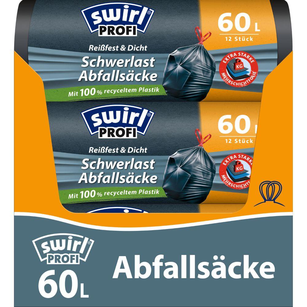 Emballasje for Swirl tungsekkene Profi med snor 60 l Rivesterk & Tett (12 poser), fra Melitta Europa GmbH & Co. KG. Etiketten består av 100 % resirkulert plast og viser en snørt svart veske med oransje, grønne og svarte aksenter.