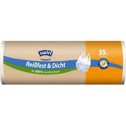 Der Swirl Tragegriff-Müllbeutel 35 l Reißfest & Dicht (15 Beutel/Rolle) der Melitta Europa GmbH & Co. KG wird in einer umweltfreundlichen Verpackung aus 100 % Recycling-Kunststoff für eine nachhaltige Abfallentsorgung geliefert.