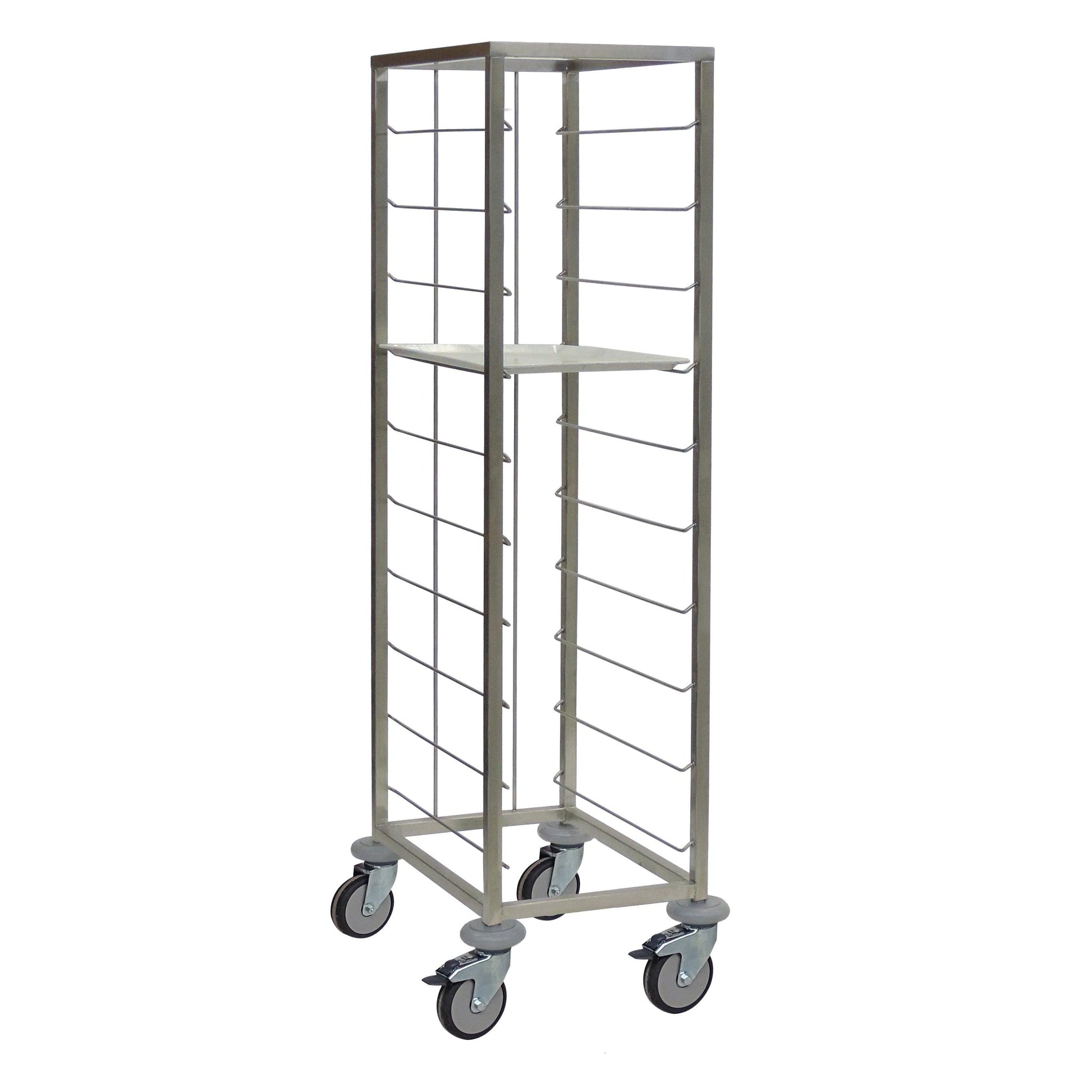 Der Novocal Tablettwagen aus Edelstahl in 1-reihiger Ausführung bietet Platz für 10 Tablets, besitzt eine zentrale Ablage sowie vier Lenkrollen und eignet sich ideal als Tablettwagen für Krankenhäuser.