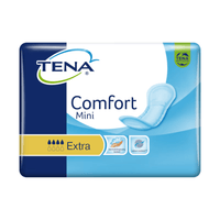 The image shows a package of TENA Comfort Mini Extra incontinence pads in blue packaging with the text “TENA” and “Comfort Mini.” It highlights the Dry Fast Core absorbent core for improved absorbency, along with symbols indicating that it is dermatologically tested and designed for effective odor control. The product is manufactured by TENA by Essity Germany GmbH and comes in a pack of 30.