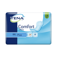 A package of TENA Comfort Mini Plus incontinence pads contains 30 pads manufactured using state-of-the-art technology. The packaging is primarily blue and white and features the TENA logo as well as symbols highlighting absorbency, comfort, odor control, and a Dry Fast Core for excellent protection.