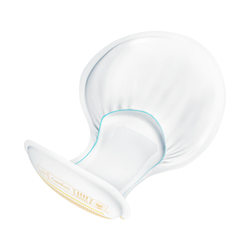 A white, curved TENA Comfort Normal incontinence pad from Essity Germany GmbH, adorned with orange symbols, is presented against a simple background. It is made from soft materials for increased comfort and features a smooth and ergonomic design that is perfect for leakage protection. This product offers reliable protection and peace of mind.