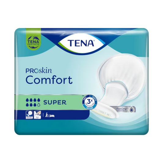 Die Verpackung von TENA Comfort Super Inkontinenzvorlage | Packung (36 Stück), einem TENA-Produkt, ist hauptsächlich blau und grün. Sie zeigt Bilder der Einlagen sowie Symbole, die auf Produkteigenschaften wie Saugfähigkeit, dermatologische Tests und Auslaufschutz für Harninkontinenz hinweisen.