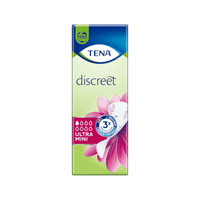 Un paquete de compresas para la incontinencia TENA Discreet Ultra Mini, de TENA – Essity Germany GmbH, contiene 28 compresas para casos de incontinencia leve. El envase, predominantemente verde con tapa azul, presenta un diseño floral en rosa y la imagen de una compresa, y destaca la tecnología microPROTEX™, que ofrece una protección contra la humedad tres veces mayor.