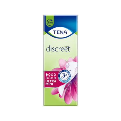 En pakke TENA Discreet Ultra Mini inkontinensinnlegg fra TENA – Essity Germany GmbH inneholder 28 innlegg for lett blæresvakhet. Den overveiende grønne emballasjen med blått lokk viser et rosa blomsterdesign og bildet av et innlegg, og fremhever microPROTEX™-teknologien for 3x bedre tørrhetsbeskyttelse.