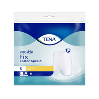 The packaging for the TENA Fix Cotton Special Fixation Pants, size S, features a white image of the pants and unisex symbols. It is predominantly blue and white and prominently displays the TENA logo of Essity Deutschland GmbH along the top edge. This makes it ideal for comfortably securing incontinence pads.