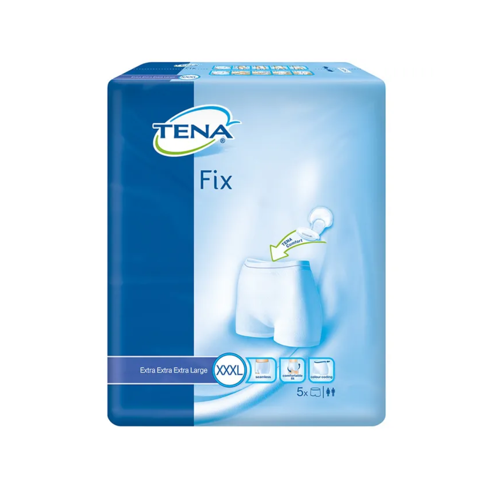 Das Bild zeigt eine Packung TENA Fix Inkontinenz-Fixierhosen von TENA – Essity Germany GmbH. Die Verpackung ist blau mit weißem Text, weist auf die Größe XXXL hin und enthält fünf Stück. Eine Illustration unterstreicht die Passform und sorgt für zuverlässigen Auslaufschutz für mehr Vertrauen.