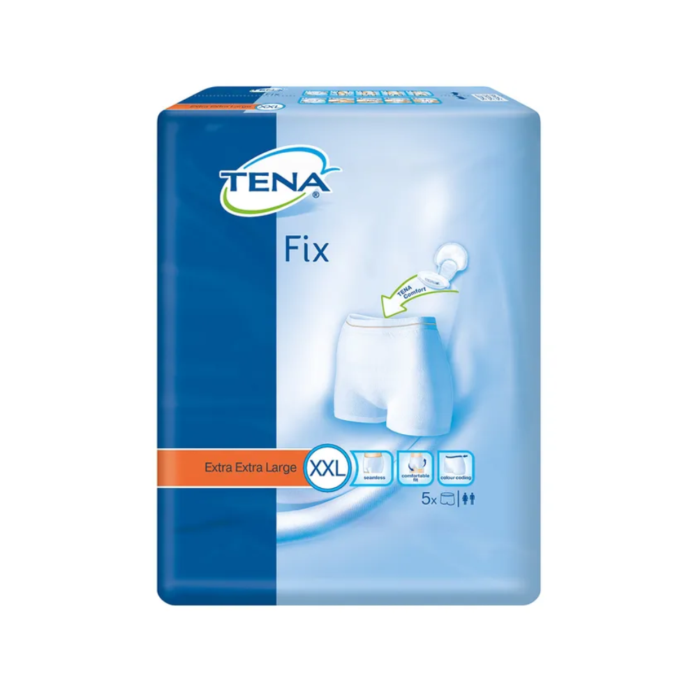 Das Bild zeigt eine Packung TENA Fix Inkontinenz-Fixierhosen. Die Verpackung hat einen blauen Hintergrund und zeigt ein Paar weiße Stützhöschen. Die Größe ist mit XXL gekennzeichnet und weist darauf hin, dass sich 5 Stück pro Packung befinden. Dieses Inkontinenzprodukt ist sowohl für Männer als auch für Frauen geeignet.
