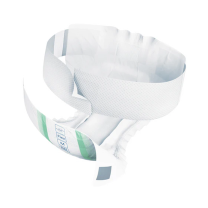 The TENA Flex Super incontinence pad with waistband from TENA - Essity Germany GmbH has a white exterior, a comfortable waistband, and features green and blue markings on the front as well as labeled indicators that ensure maximum absorbency for incontinence needs.