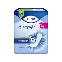 La imagen muestra un paquete de compresas para la incontinencia TENA Lady Discreet Extra Plus, de Essity Germany GmbH, destinadas a proteger la vejiga sensible. El envase es predominantemente azul con un motivo floral blanco y destaca características como la «tecnología InstaDRY» y la «protección 3x», lo que subraya su eficacia como solución para la incontinencia.