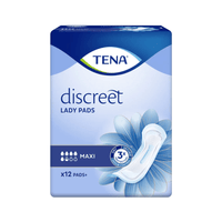 The image shows a package of TENA Lady Discreet Maxi incontinence pads from TENA – Essity Deutschland GmbH, designed for bladder weakness. The packaging features a blue floral design and highlights “3x Protection”; it contains 12 pads, as indicated in the lower left corner.