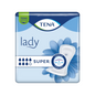 Emballasjen til TENA Lady Super inkontinensinnlegg | Pakke (30 stykker) fra TENA - Essity Germany GmbH er i blått og hvitt. Markante elementer som ordene "Lady" og "SUPER", sugedråper, en blomsterillustrasjon samt begreper som "Odour Control" gjør det til det ideelle valget for alle som søker pålitelig inkontinensbeskyttelse innenfor rammen av TENA Protects-programmet.