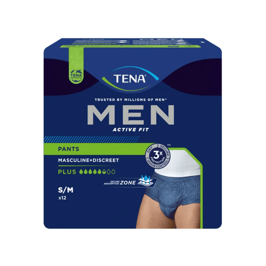 TENA Men Active Fit Pants Plus incontinence pants, offered by TENA – Essity Deutschland GmbH, come in dark blue packaging with green accents that emphasize a masculine and discreet design. They highlight “3x protection” and “Plus absorbency” to effectively manage urinary incontinence, and the package contains 12 pairs in size S/M.