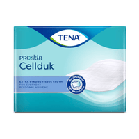 En la imagen se muestra el envase de la toallita seca TENA ProSkin Cellduk de 25 x 26 cm, en colores azul y verde. En él figuran el nombre del producto y la descripción: «Toallita de papel extra resistente para la higiene corporal diaria, con mayor resistencia a la humedad». Además, incluye una ilustración de una toallita blanca.