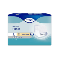 A package of TENA Proskin Pants Normal incontinence pants, size S, specifically designed for normal absorbency to manage bladder weakness. The package contains 15 pairs and features a product image on the front. The packaging is primarily blue with white accents and is manufactured by TENA - Essity Germany GmbH.