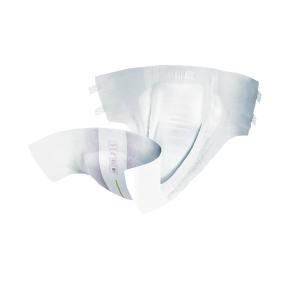 The TENA Slip Maxi incontinence pad with waistband, manufactured by TENA - Essity Germany GmbH, is an adult incontinence insert depicted against a white background. It has a white outer side with subtle light gray accents, adjustable tabs for a secure fit, and a contoured shape for comfort and effective leak protection.