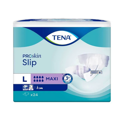 The TENA Slip Maxi incontinence pad with waistband, manufactured by TENA - Essity Germany GmbH, offers exceptional leak protection with its maxi absorbency. The packaging includes product images that highlight features such as wetness indicators, breathable fabric, and odor control. This large-format packaging contains 24 units tailored to your incontinence needs.