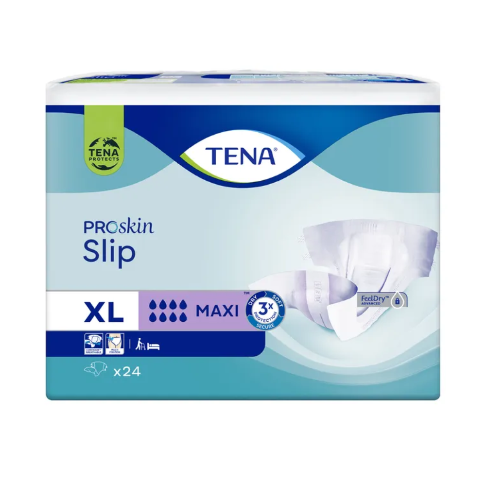 A pack of TENA Slip Maxi incontinence pad with waistband, offered by TENA - Essity Germany GmbH in XL size, provides 'Maxi' absorbency and includes the 'FeelDry' technology. It is equipped with leak protection for added security and contains 24 pieces per pack. The pack is designed in a blue-green color scheme with diaper images.