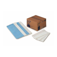 Eine Schachtel mit der Aufschrift "TENA - Essity Germany GmbH" steht neben Stapeln von blauen und weißen TENA Hygiene Sheet ersetzt Artikelnr. 774454 (Packung 100 Stück), wobei mehrere Binden aufgefaltet sind, um ihre Größe, Beschaffenheit und saugfähige Oberfläche zu zeigen.