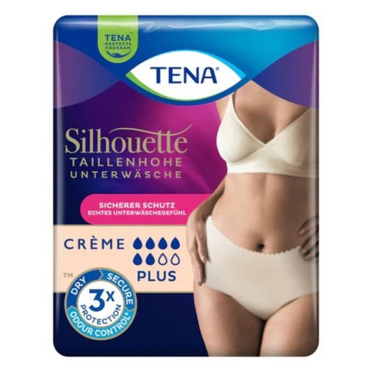 A package of TENA Silhouette Plus Cream Incontinence Panties by TENA - Essity Germany GmbH, shown with a woman demonstrating the product. The package offers reliable protection, triple odor control, and Plus absorbency for bladder weakness.