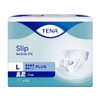 Un paquete rectangular azul y blanco de pañales para incontinencia TENA Slip Active Fit Plus de TENA - Essity Germany GmbH, talla L, con absorción Plus, con 30 unidades. El paquete contiene una imagen del producto y símbolos para protección confiable contra la incontinencia.