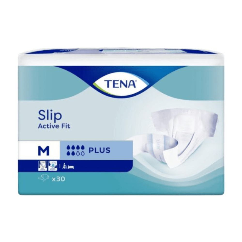 Un paquete de 30 pañales para incontinencia TENA Slip Active Fit Plus, talla M, de TENA - Essity Germany GmbH. El paquete azul y blanco muestra el nombre del producto y una imagen de un pañal.