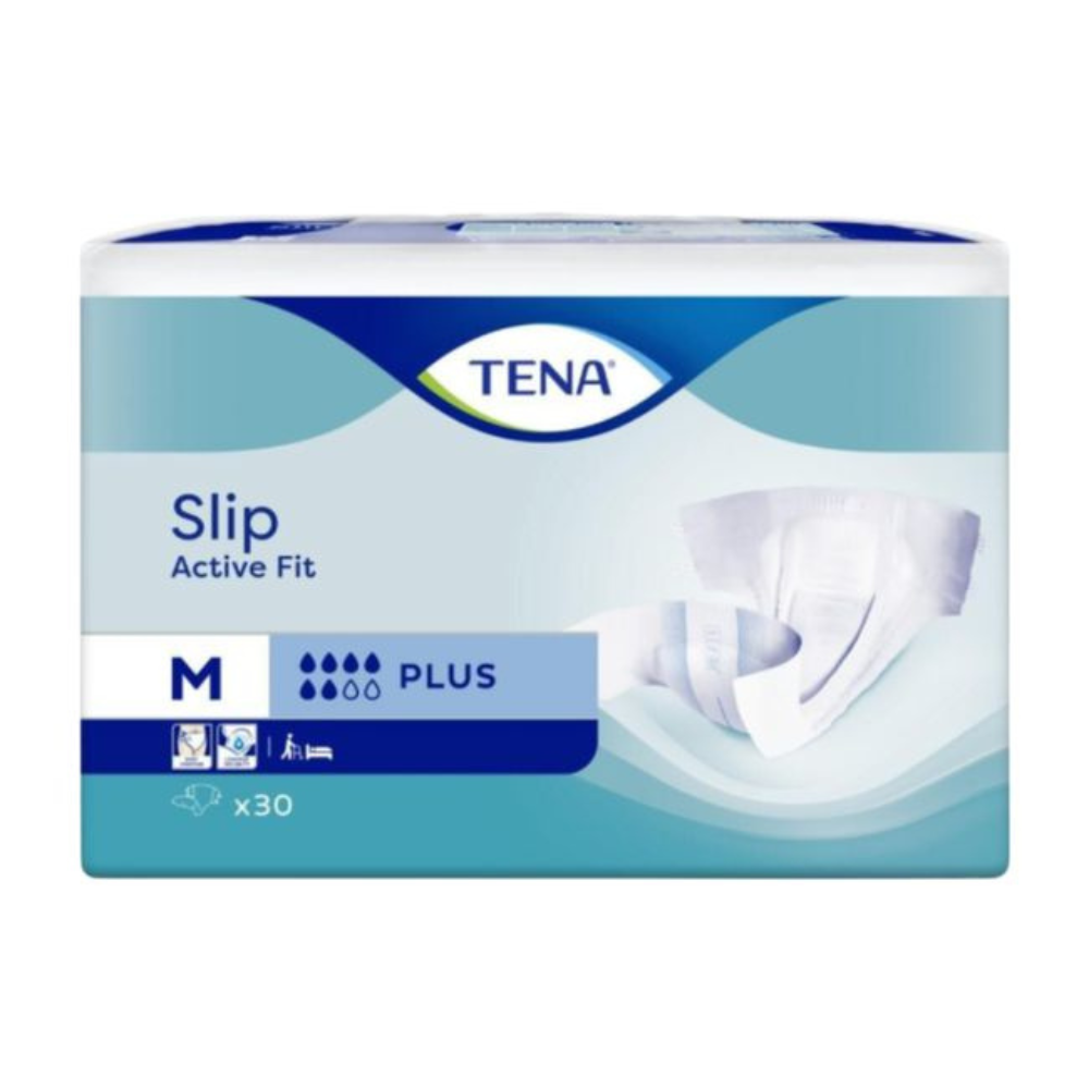 Eine Packung mit 30 TENA Slip Active Fit Plus Inkontinenzslips, Größe M, von TENA - Essity Germany GmbH. Die blau-weiße Verpackung zeigt den Produktnamen und eine Abbildung eines Slips.