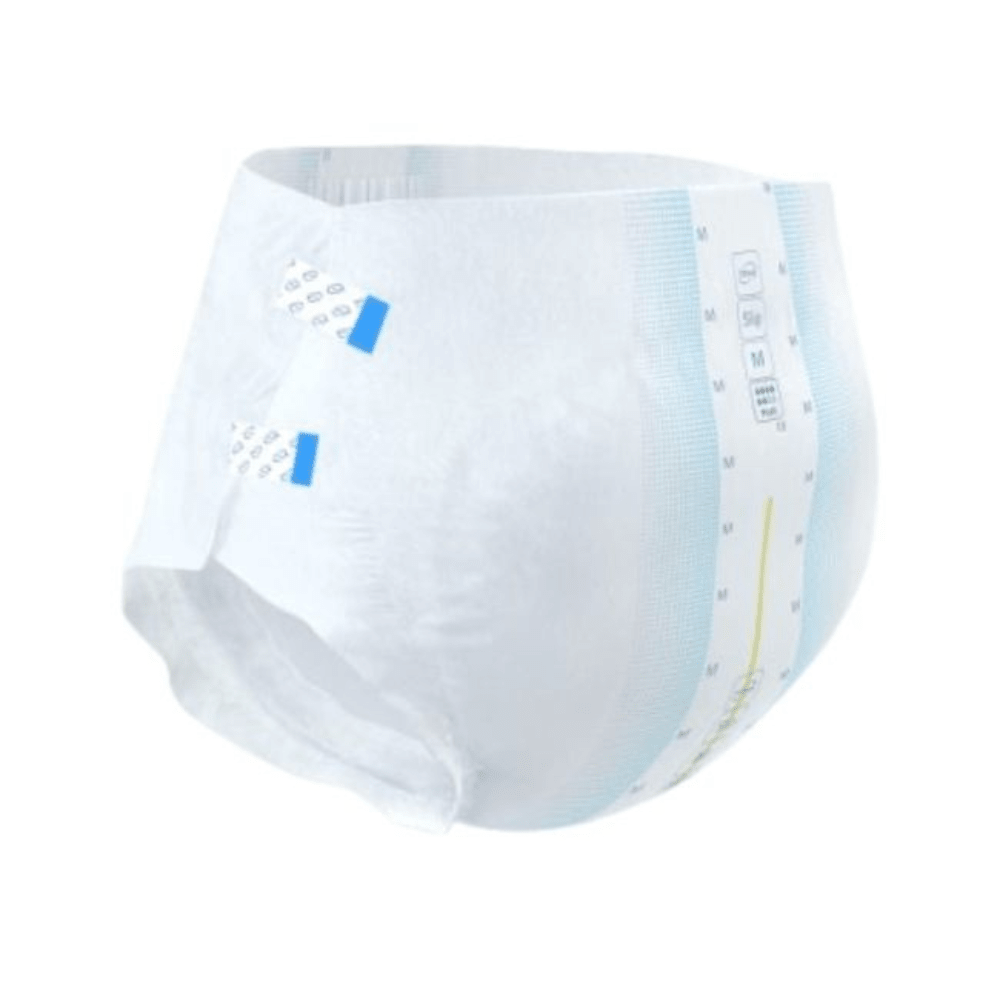TENA Slip Active Fit Plus de TENA - Essity Germany GmbH es un pañal desechable para adultos con pestañas adhesivas, cintura elástica, líneas azules, indicador de humedad y color blanco con marcas azul claro/amarillo. Ideal para el cuidado de la incontinencia.
