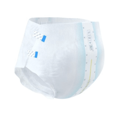 TENA Slip Active Fit Plus de TENA - Essity Germany GmbH es un pañal desechable para adultos con pestañas adhesivas, cintura elástica, líneas azules, indicador de humedad y color blanco con marcas azul claro/amarillo. Ideal para el cuidado de la incontinencia.