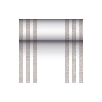 Ein metallisch reflektierender Zylinder wird an drei vertikalen, parallelen braunen Linien auf jeder Seite aufgehängt und erinnert so an das moderne Design eines PAPSTAR Tischläufers stoffähnlich PV-Tissue Mix aus der „ROYAL Collection“ vor weißem Hintergrund.