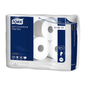 El embalaje del papel higiénico de rollo pequeño Tork 110777 suave Premium T4 de 2 capas, que contiene 54 rollos, está elegantemente diseñado en azul y blanco. Muestra prominentemente la marca TORK de Essity Professional Hygiene Germany GmbH y destaca características como suavidad, "papel suave" y tamaño. Perfecto para todos aquellos que valoran la calidad en su papel higiénico de rollo pequeño.