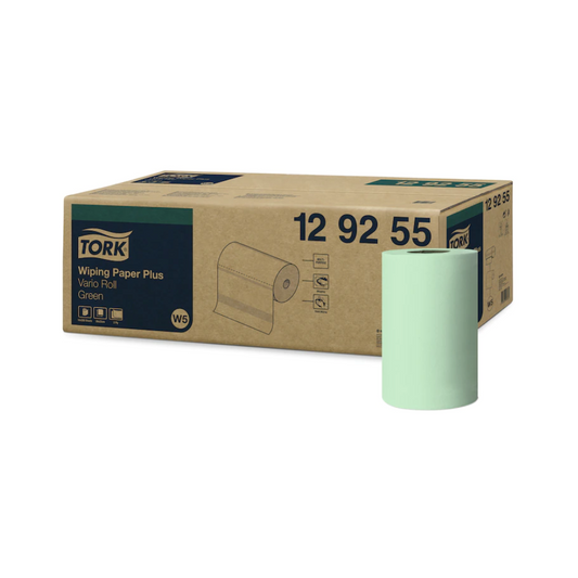 Das Bild zeigt eine Schachtel Tork 129255 Starke Mehrzweck-Papierwischtücher Advanced W5 2-lagig | Karton (10 Rollen). Neben der Schachtel befindet sich eine einzelne Rolle grünes, saugfähiges Papier. Die braune Schachtel enthält schwarz-grünen Text und Grafiken, die das TORK-Produkt detailliert beschreiben.