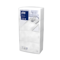 The image shows a package of Tork 13662 Tork Soft Guten Appetit cutlery pouches | carton (6 packs), mostly in white packaging with a blue label on top. It features an image of a paper napkin folded around a fork, made from high-quality three-ply paper. The brand is TORK - Essity Professional Hygiene Germany GmbH.